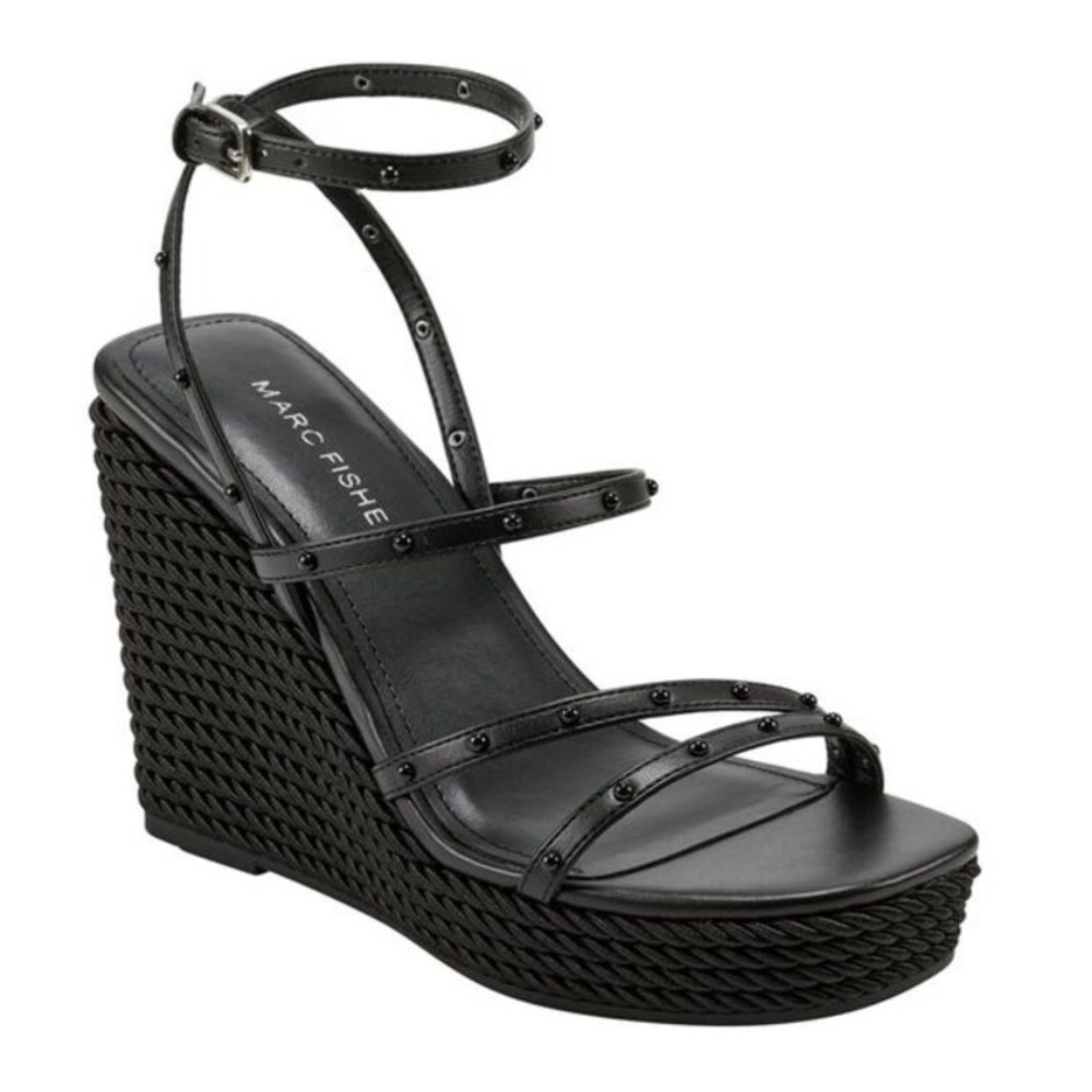 MARC FISHER Womens‎ Black Studded Zig Square Toe Wedge Heeled Sandal 10M